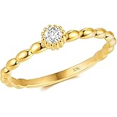MAX + STONE 10K Gold Beaded Solitaire Cubic Zirconia Ring | 10K Real Yellow Gold Band | Anti-Tarnishing and Hypoallergenic 10k Gold CZ Ring | Solitaire Ring for Women in Sizes 6-8