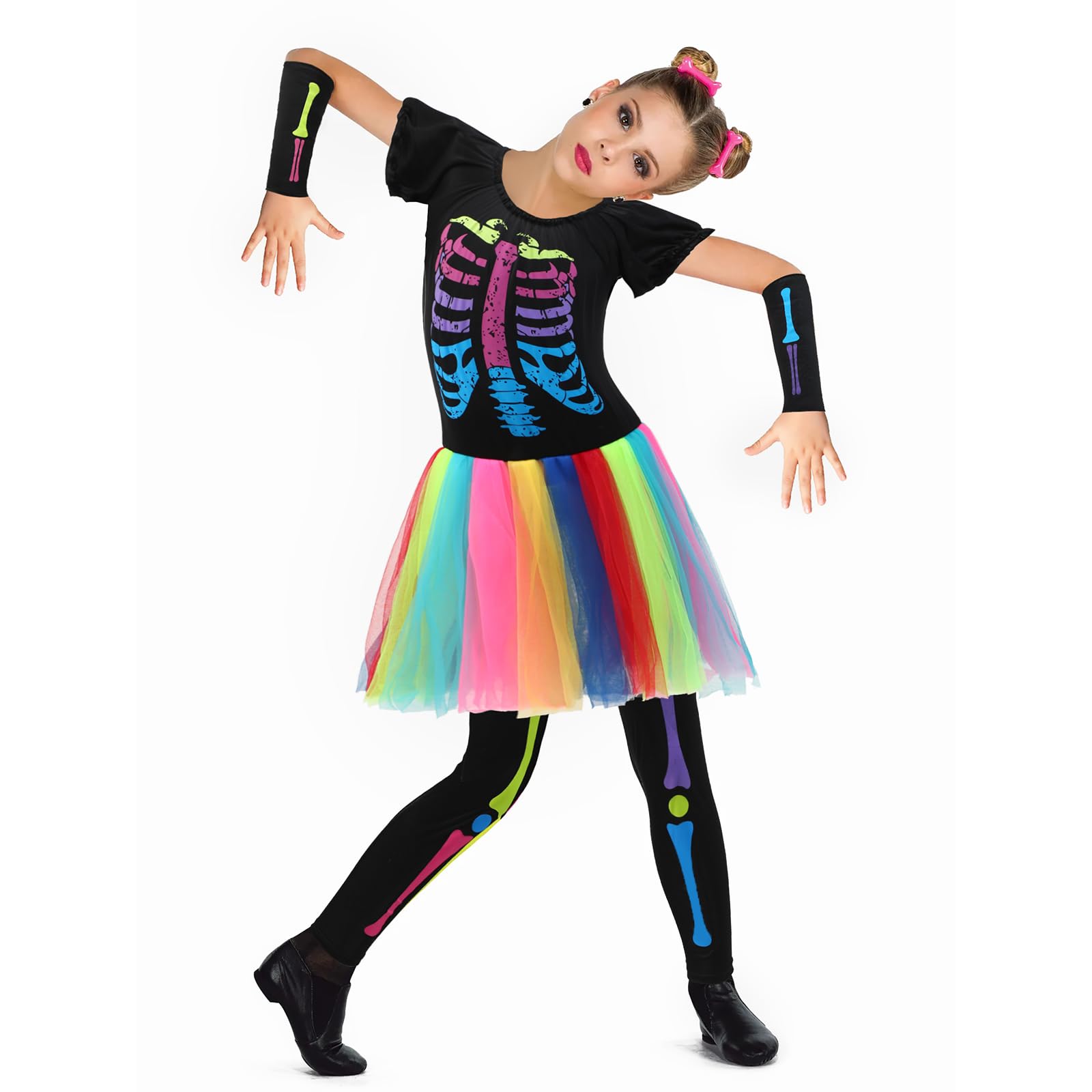 Clundoo Girls Skeleton Costumes, Colorful Skeleton Deluxe Girls Costume Set for Kids Halloween Party Cosplay Age 7-8 Years