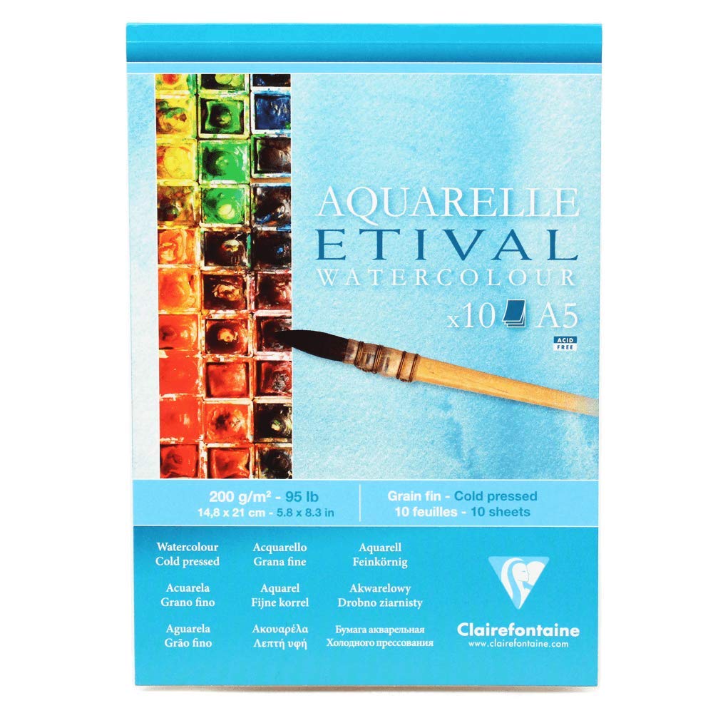 Clairefontaine - Ref 96301C - Etival Cold Pressed Economical Glued Watercolour Painting & Drawing Pad (10 Sheets of Paper) - A5 (21 x 14.8cm) - 200gsm Cellulose Art Paper