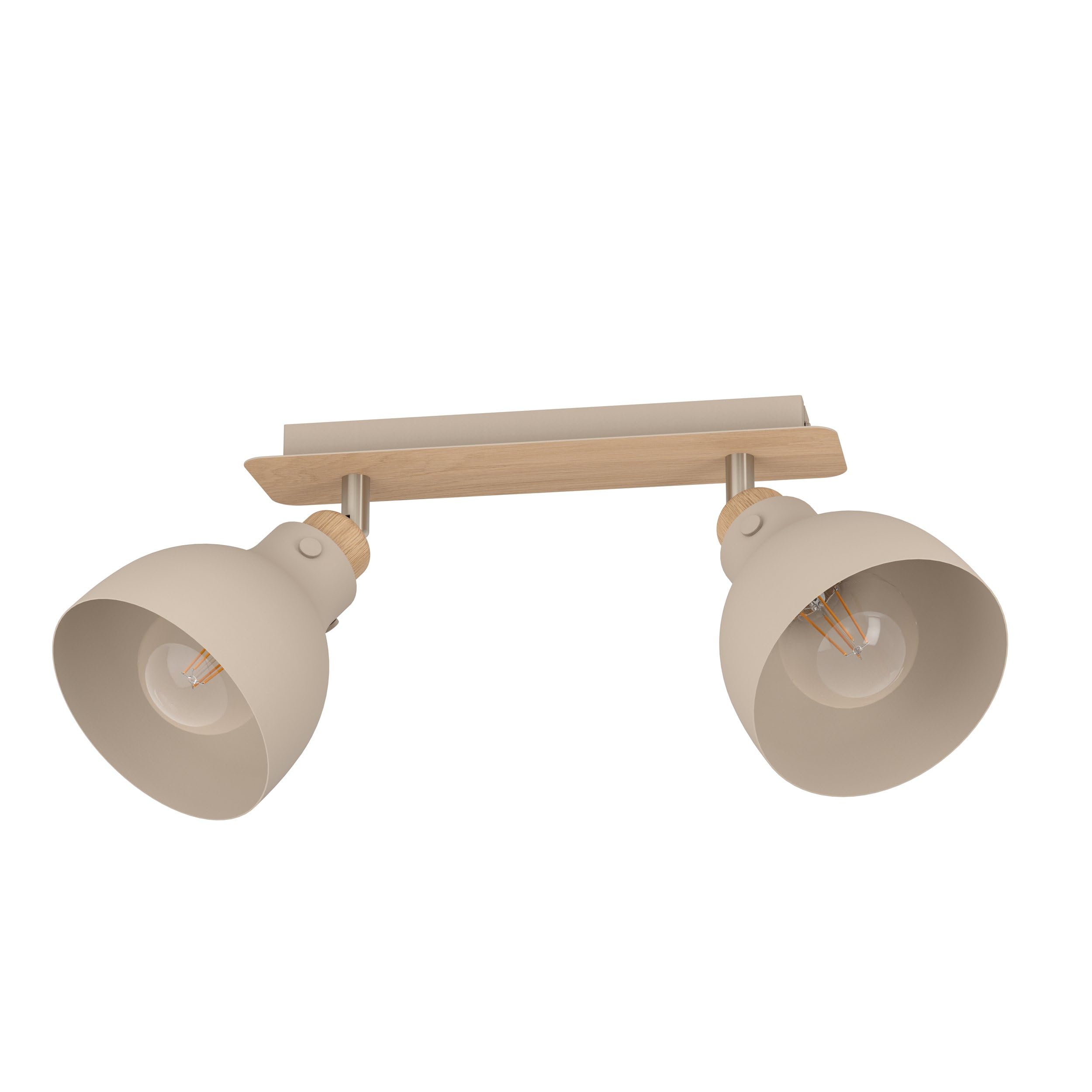 Eglo Ceiling Light Fixture Arrecife, 2-Flame Swivel Spots Ceiling lamp, Sand-Coloured Metal and Natural Oak Wood, Spotlight bar, Living Room Lighting, E27 Socket