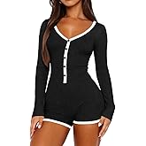 INFITTY Women's Sexy Rompers V Neck Long Sleeve Knitted One Piece Sexy Pajama Onesie Bodycon Rompers