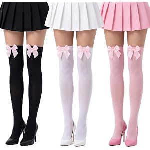 Falzqq 3 Pairs Satin Bow Thigh Highs Stockings for Women, Lolita Over Knee High Long Socks with Cute Bow, Bowknot Stockings,