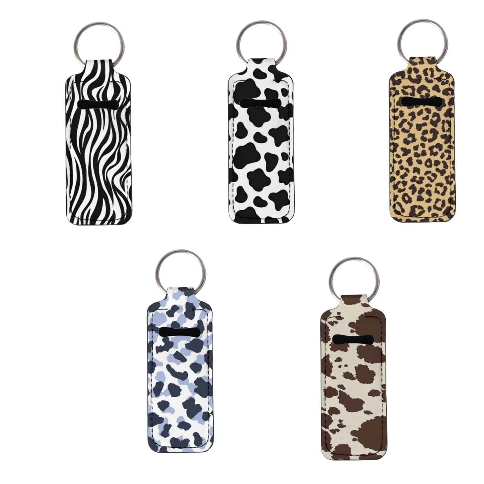 COEQINE 5 Pack Chapstick Keychain Holder Lip Balm Pocket Holder Lipstick Keychain Holder Design Cow Zebra Leopard Pattern for Women Girls