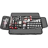 Mofun Motorcycle Tool Kit With Roll Pouch Fit for Harley Motorcycles Black | 64-Piece Include Long Pattern Combination Wrench Set Dr Spark Plug Socket Metric Hex Key Set Star Key Set