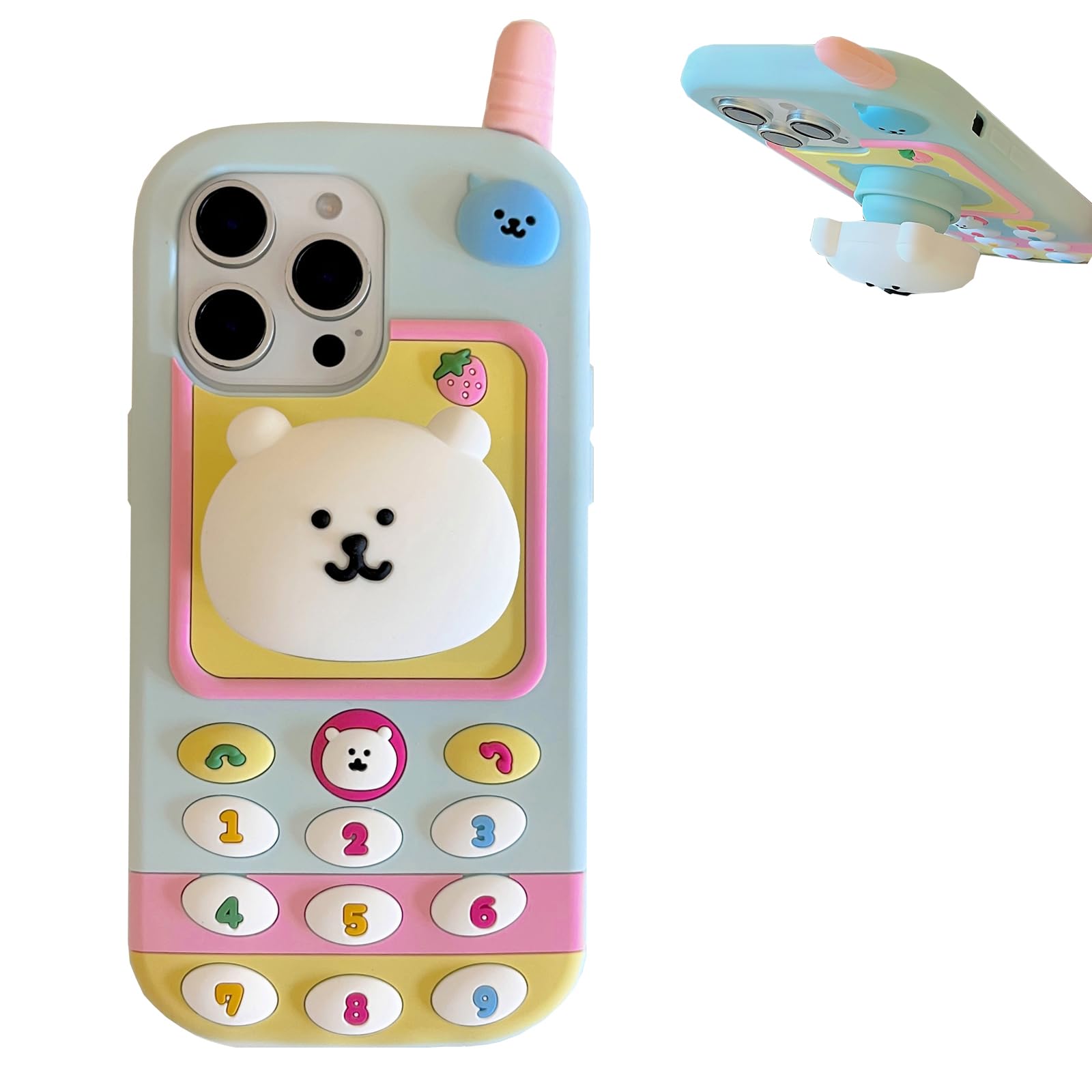 YAKVOOK Retro Phone Case Compatible with iPhone 14 Pro Max,Cute Kawaii 3D Cartoon White Bear Stand Classic Telephones Cover Fun Soft Rubber Shockproof Protector for Women Girls