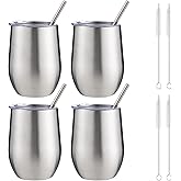 FristChoice 12 oz Insulated Wine Tumbler with Lid and Straw,Stainless Steel Stemless Wine Tumbler Glasses Double Wall Vacuum Wine Cups Tumbler Bulk for Coffee,Cocktail,Office(Silver,4)
