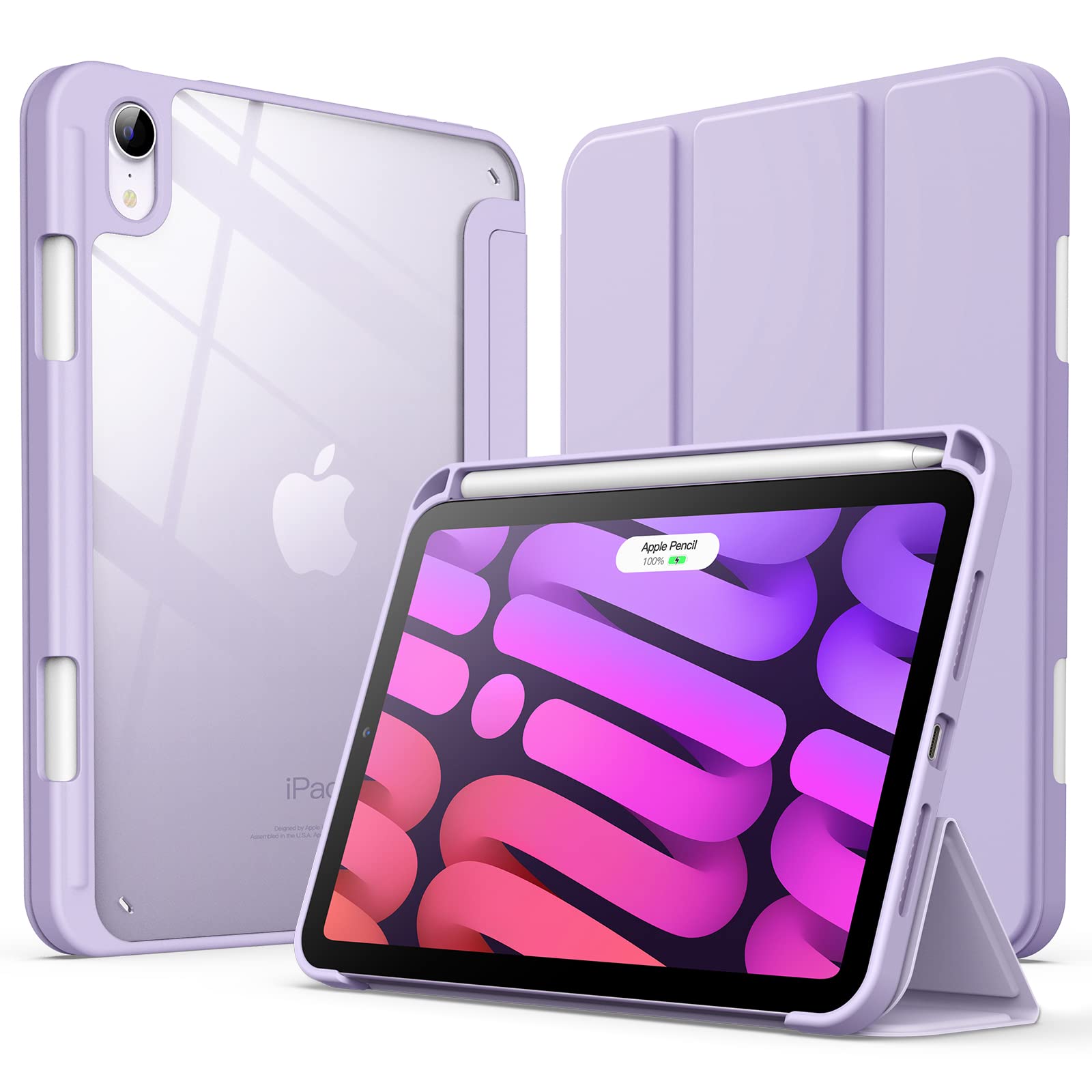 JETech Case for iPad mini (A17 Pro, 2024 Model, 7th Generation) / mini 6 (2021 Model, 6th Generation) with Pencil Holder, Clear Back Shell Slim Stand Tablet Cover, Auto Wake/Sleep (Light Purple)