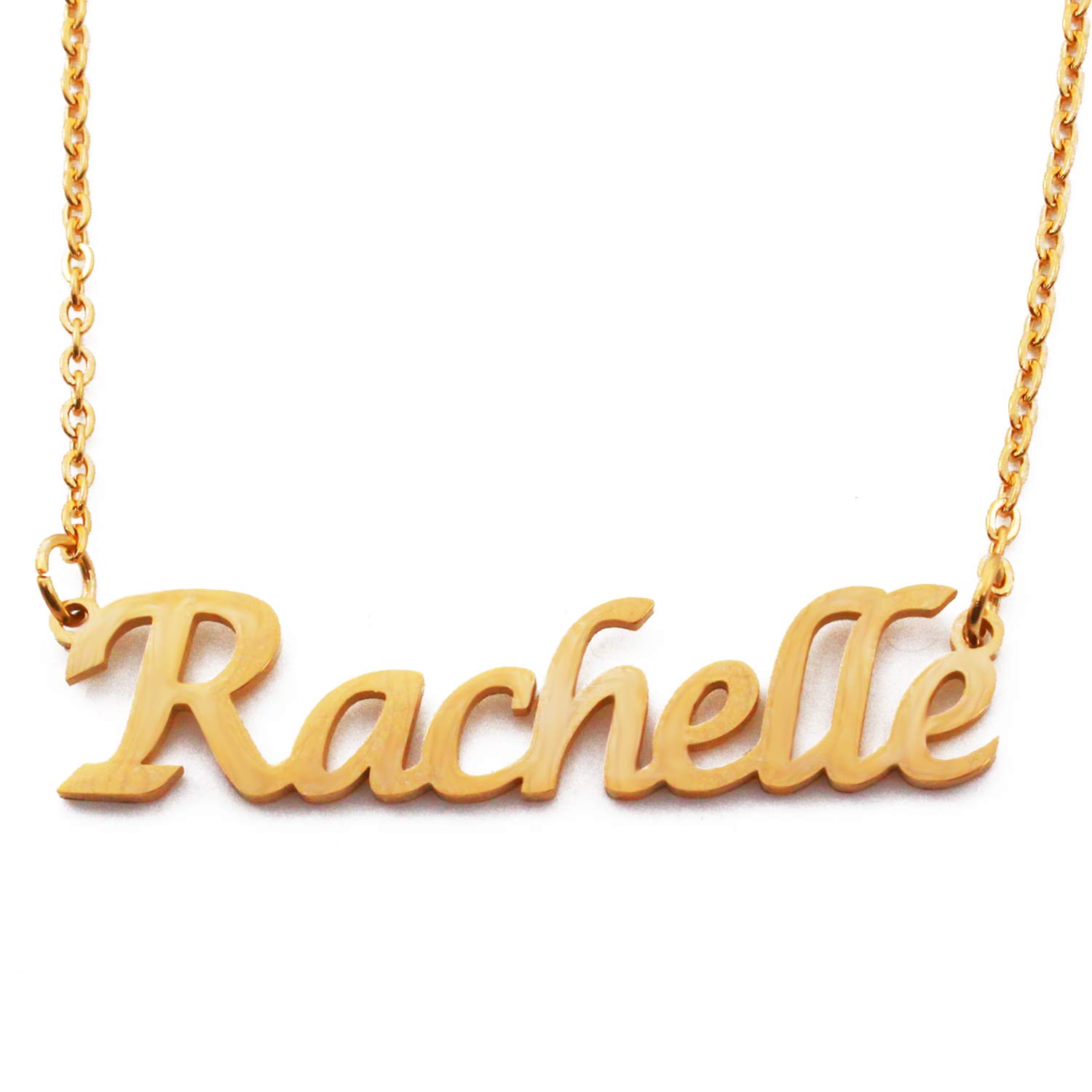 Kigu Rachelle Name Necklace Personalised 18ct Gold Plated, Custom Dainty Name Pendants, Jewellery for Ladies, Girlfriend, Mother, Sister, Friends Inc Bag & Box