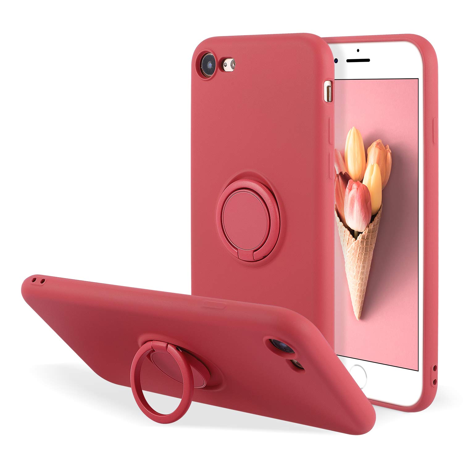 UEEBAI Case for iPhone 7 Plus iPhone 8 Plus, Ultra Slim Liquid Silicone Phone Case with 360 Rotatable Ring Holder Kickstand with Magnetic Car Mount Gel Rubber TPU Bumper Shockproof Cover - Peach