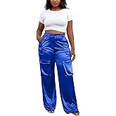 Aressdom Metallic Satin Cargo Pants for Women High Waisted Wide Leg Pants with Pockets, Dressy Going Out Concert Outfits