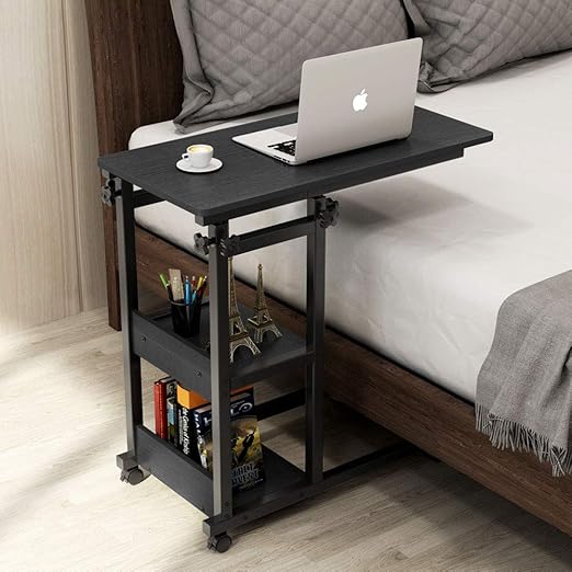 Amazon Com Tribesigns Snack Side Table Mobile End Table Height Adjustable Bedside Table Laptop Rolling Cart C Shaped Tv Tray With Storage Shelves For Sofa Couch Black Kitchen Dining