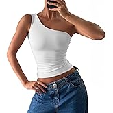 CUHUDA Women's Sexy One Shoulder Crop Tops Sleeveless Cropped Tank Tops Ruched Shirts