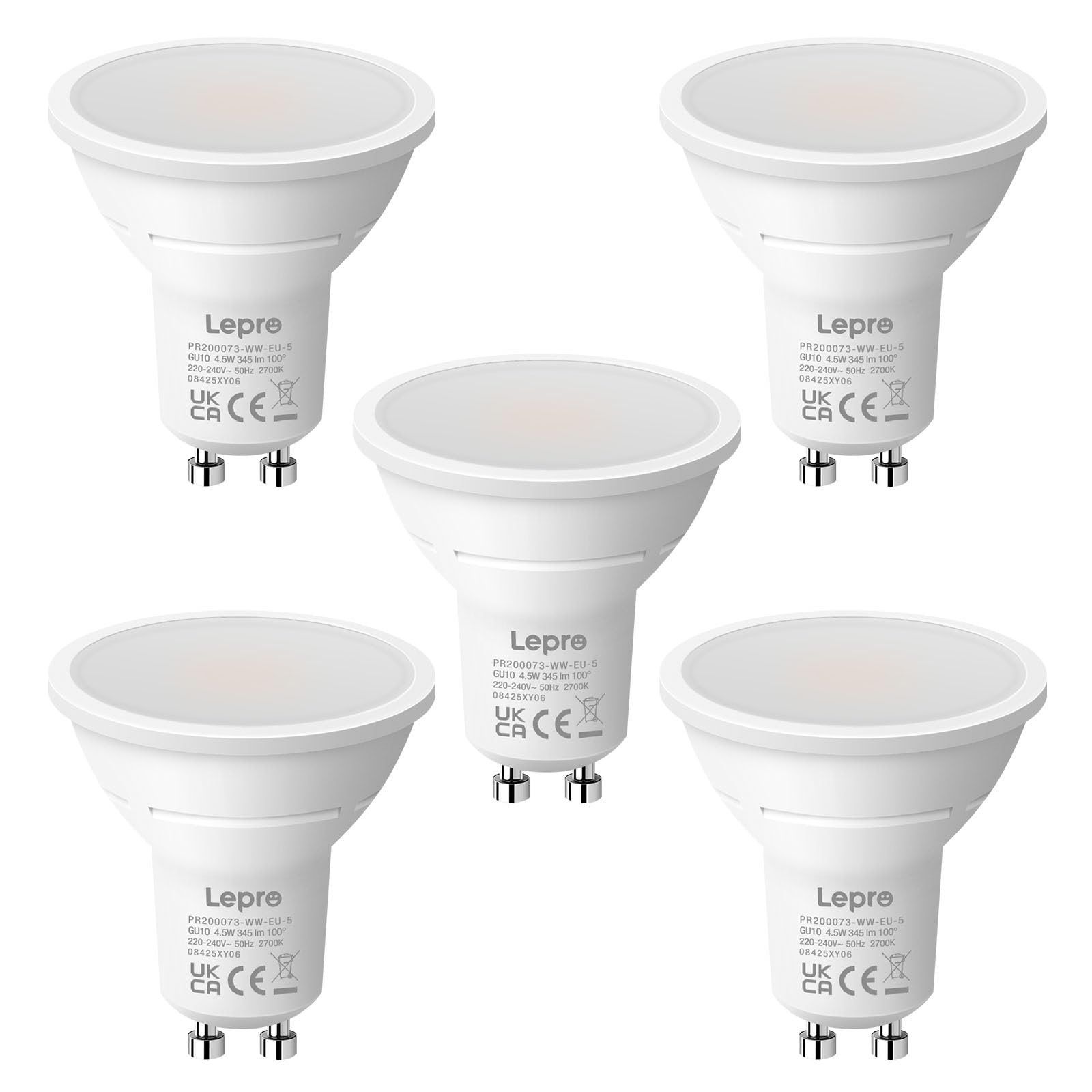 Lepro GU10 LED Bulbs Warm White, 4.5W 345lm 2700K, Energy Saving GU10 LED Light Bulbs, 50W Halogen Spotlight Equivalent, 100° Beam Angle, Non Dimmable, Pack of 5