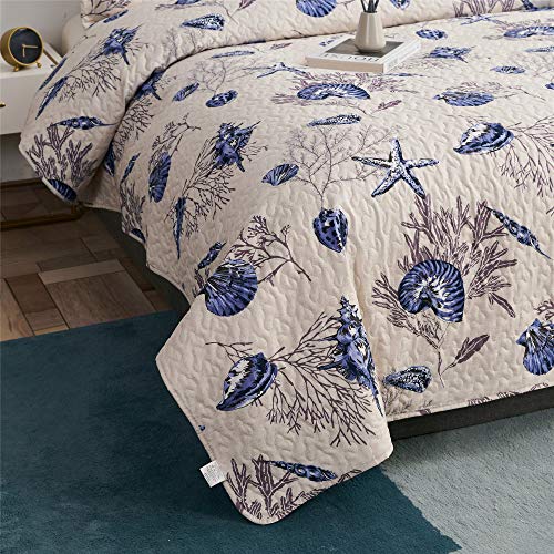 3-Piece Coastal Antique Quilt Set Twin Size,Tropical Seashells Sea Fan Starfish Coral in Offwhite Background, Nautical Quilted Bedspread Coverlet Bedding Set Bedroom Decor for All Seasons (Blue,Twin)