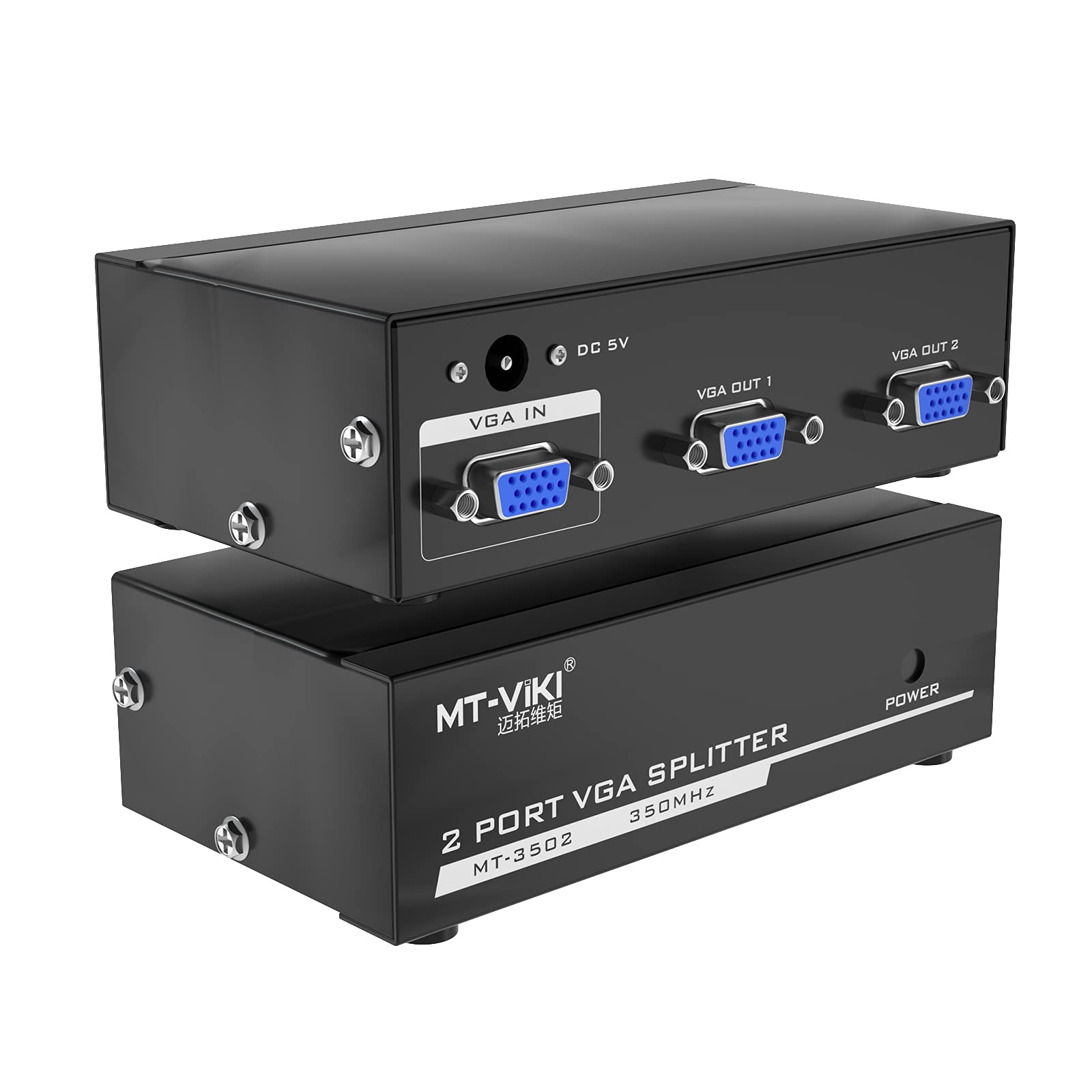 MT-VIKI 1x2 VGA Splitter 1 in 2 out, Mirror 1 VGA Video & Audio on Multiple HD Monitors Support Wide Screen 1920 x 1440 1080P 350MHz 45meters (1 PC to 2 Monitors) — image 1