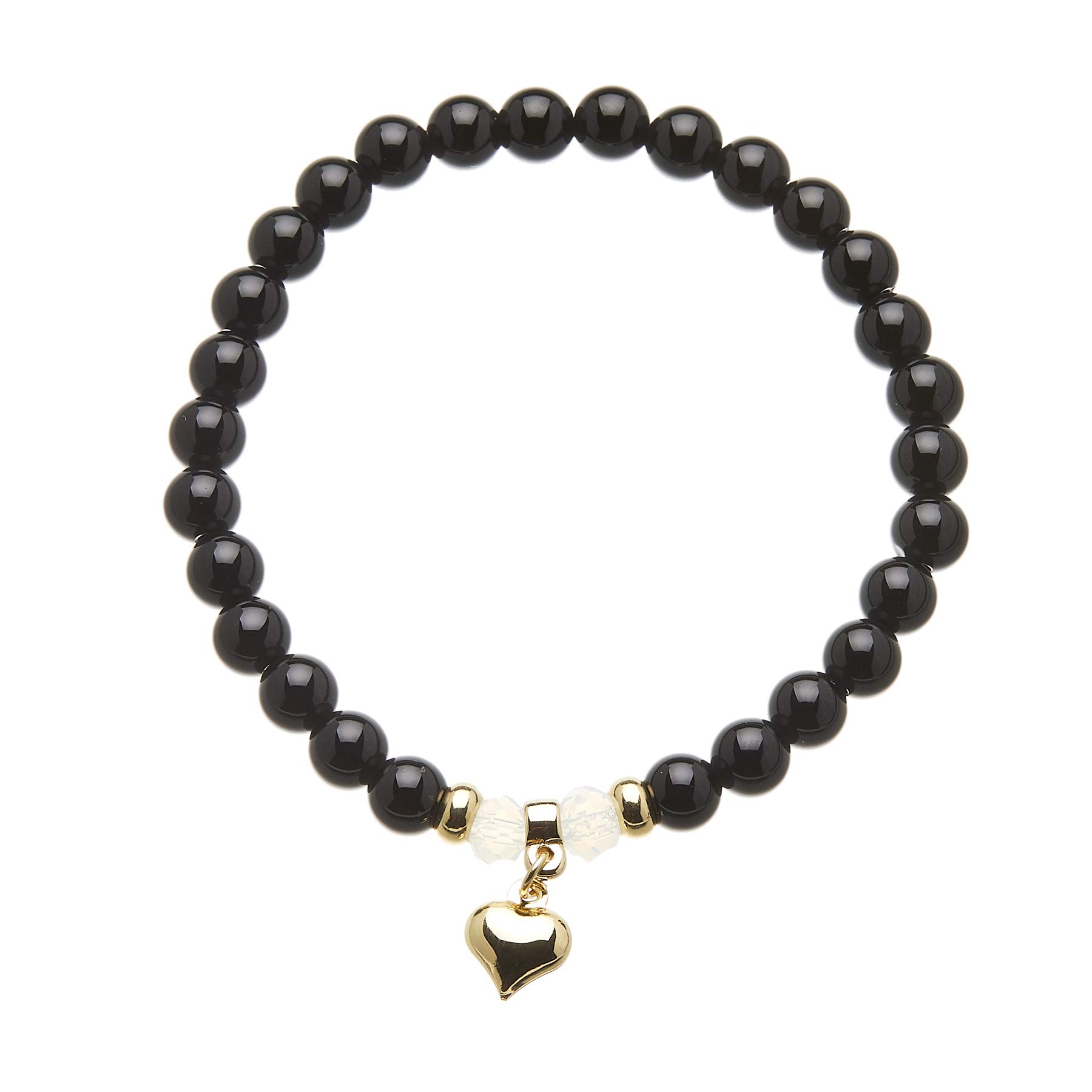 Bello London Charm Bracelet with black onyx beads and a gold plated heart - Rae B09