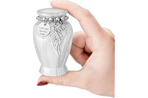 XIUDA Memorials Small Urns for Human Ashes Keepsake Aluminum Mini Urns for Ashes with Angel Wing Charm Decorative Burial Urn Funeral Cremation Urns for Women and Men (Marble White)
