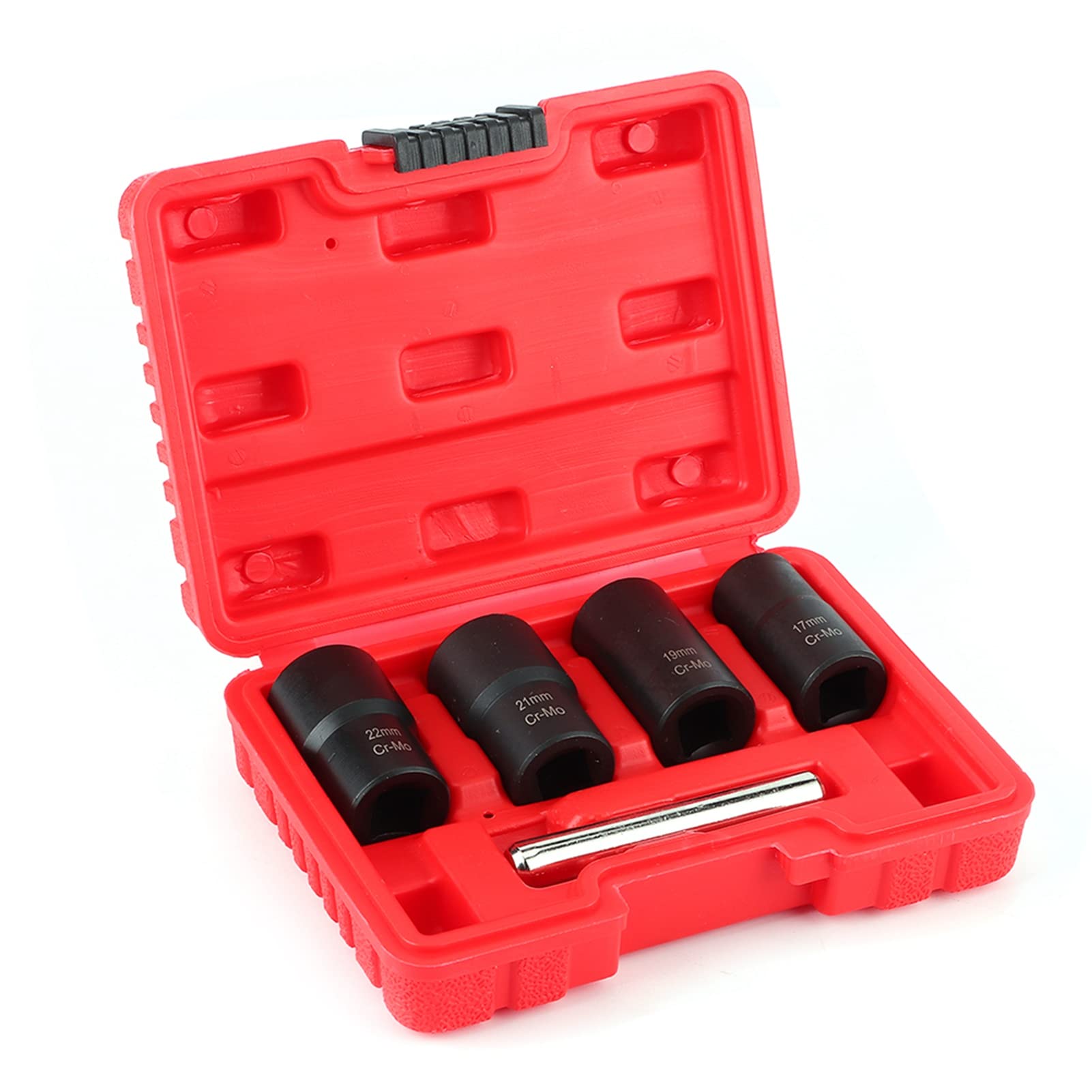 5pcs Twist Socket Set, 1/2 Inch Drive Damaged Bolt Remover Nut Lock Remover Grip Nut Extractor Set Bolt Extractors with A Plastic Storage Box for Removal of Locking Wheel Nuts, 17mm 19mm 21mm 22mm