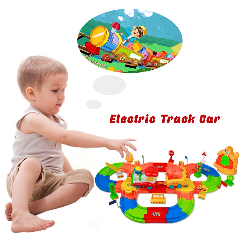 Nuheby Spielzeug Zug Autorrnnbahn Montage Spielzeug Auto Zug Verkehrsschilder Rennbahn Spiel Set für Kinder