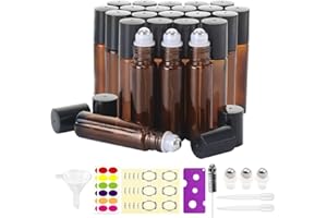 Mavogel 24pack, 10ml Roller Bottles for Essential Oils - Amber, Glass with Stainless Steel Roller Balls (3 Extra Roller Balls, 54 Pieces Labels, Opener, Funnel, Dropper, Brush Included)