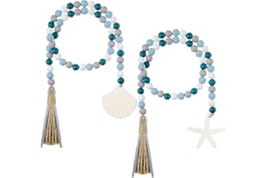 JANINKA 2 Pcs Farmhouse Seashell Bead Garland with Tassels Decorative Beads Decor Nautical Farmhouse Tiered Tray Decorations Set Coastal Garland for Home and Kitchen, Wooden Beads