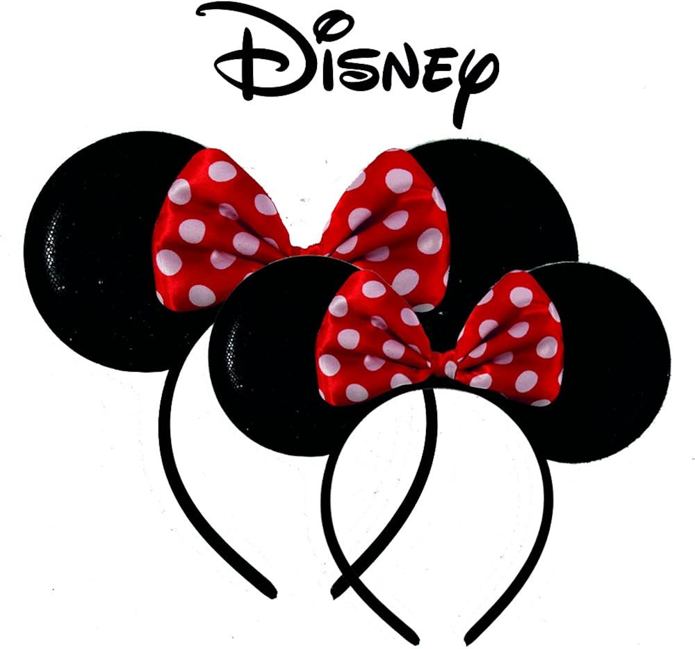 Disney Minnie Mouse Sparkled Ear Shaped Headband with Polka Dot Bow, Mommy and Me Set, Include One Adult Size and One for Little Girl Age 2-7: Clothing