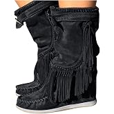 HDGSKPP Women's Fringe Knee High Boots Suede Round Toe Flat Cowgirl Booties with Buckle Vintage Mid Calf Moccasin Boots Boho Fringe Tassel Low Heel Western Cowboy Booties