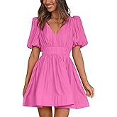 BWQ Women Mini Dress Short Puff Sleeve Sexy V Neck Dress A-line Elastic High Waisted Casual Flowy Summer Dresses