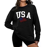 KESIHAN Women USA American Flag Shirt Long Sleeve Graphic Tees for Women Casual Crew Neck Top