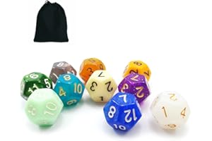 10pcs Set of 12 Sided Dice Cube (Numbered 1-12), 10 Count Assorted Random Multi Effected&Colored Pack of D12 in Drawstring Po