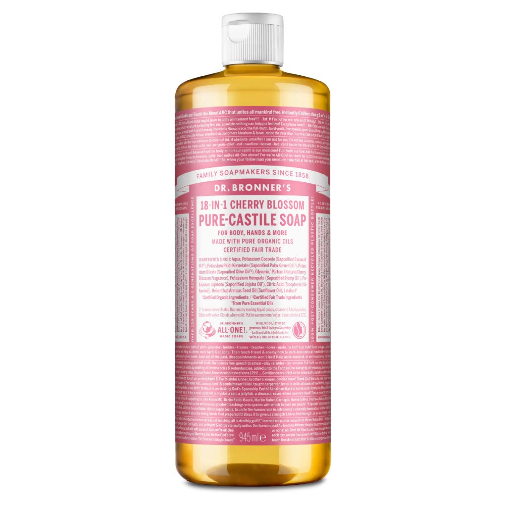Dr Bronner's Cherry Blossom Pure Castile Liquid Soap, Made with Non-GMO Ingredients, Used for Face, Body, Hair, Laundry, Pets and Dishes, Certified Fair Trade & Vegan Friendly, 945ml Recycled Bottle