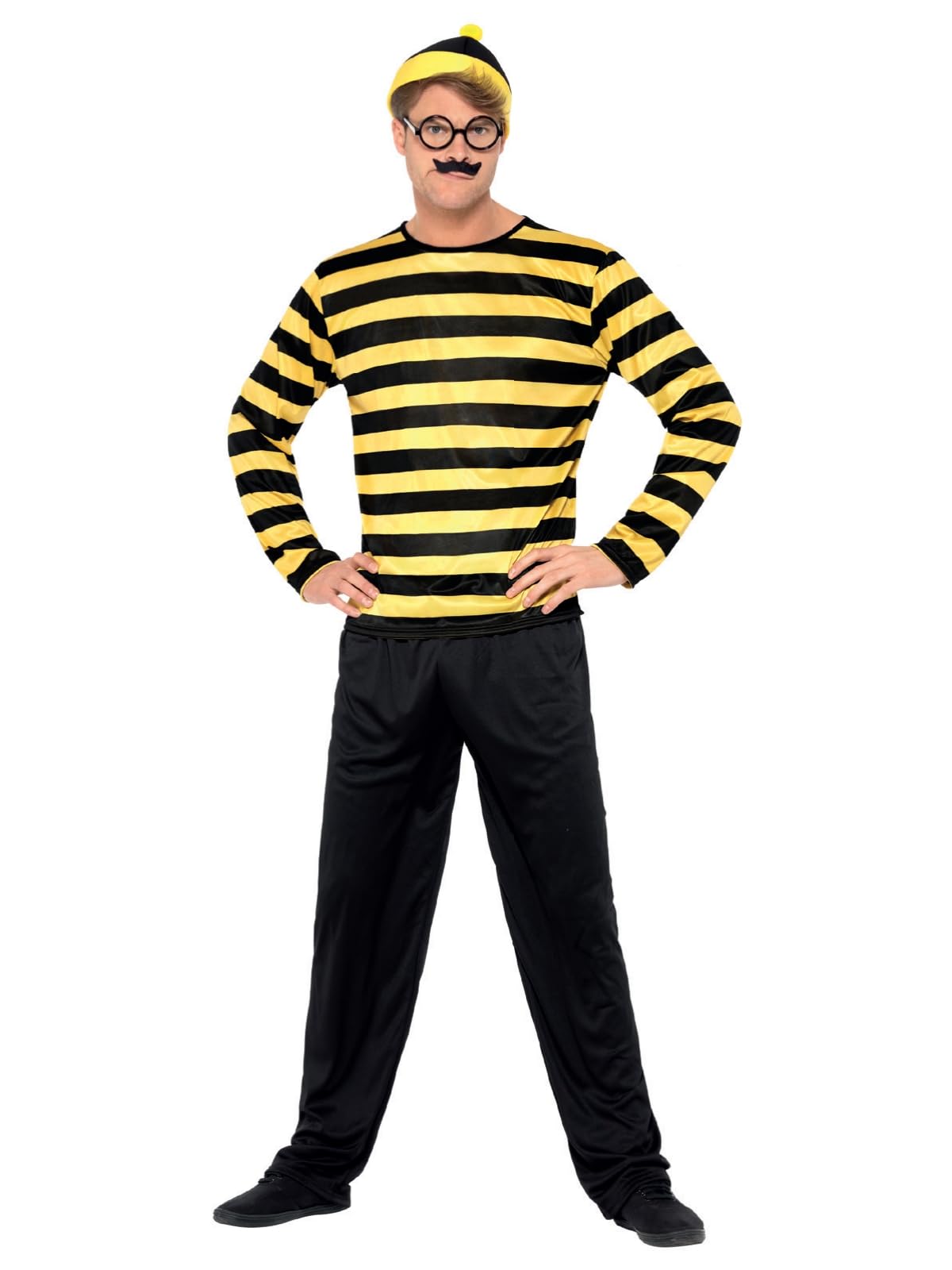 Smiffys Where's Wally Odlaw Costume, Adults Black & Yellow Top, Trousers, and accessories, Official License Outfit for a Classic Look, Perfect for a Themed Parties or World Book Day or Halloween