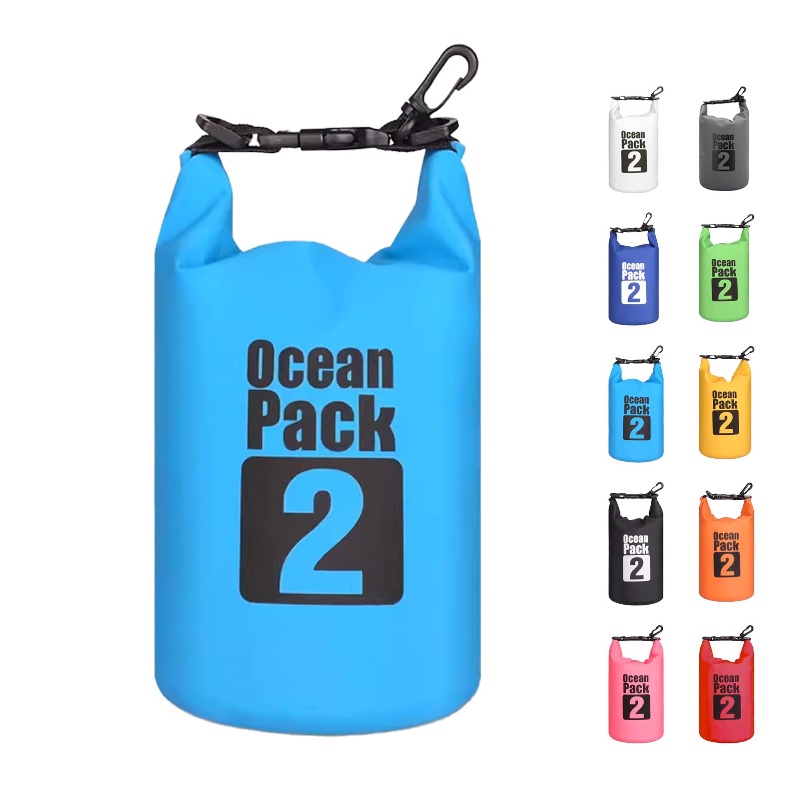 MORAINJAY 2L Sky Blue Dry Bag,Waterproof Bag with D Ring Carabiner,Small Capacity Dry Sack 2L 5L 10L 15L 20L 30L for Outdoor Camping,Rafting,Swimming,Boating,Surfing