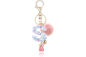 OKAICEN Resin Alphabet Initial Letter Keychain Keyring for Women Purse Handbags With Fur Ball Pom
