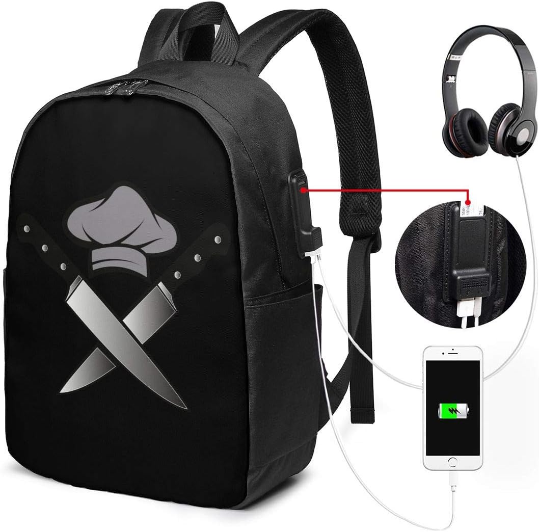 Chef Hat Knives Laptop Backpack 17 Inch with USB Charging Port, for Women Men Fashion School Bag