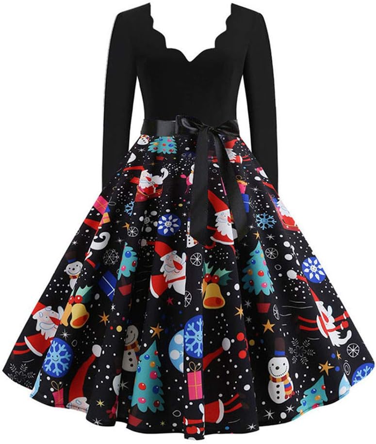 NEEDRA Women's Retro O Neck Butterfly Musical Note Printed Evening Dress