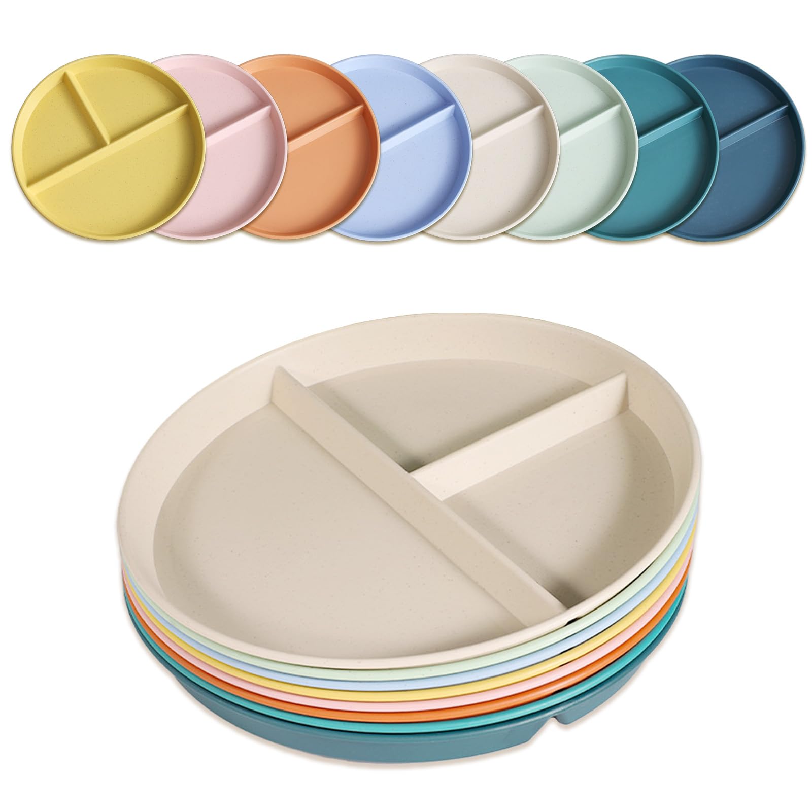 Photo 1 of Divided Plates for Adults (8 Packs), Unbreakable Portion Control Plate Sectioned with Dividers, 9 Inch Plastic Food Separator Dinner Plates Lightweight Compartment BPA Free Reusable Microwave Safe