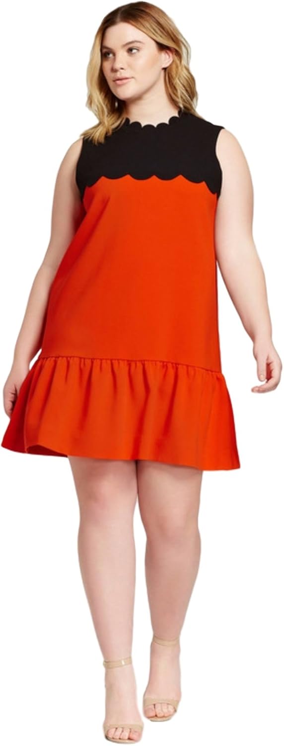 Victoria Beckham Orange & Black Drop Waist Scallop Trim Dress