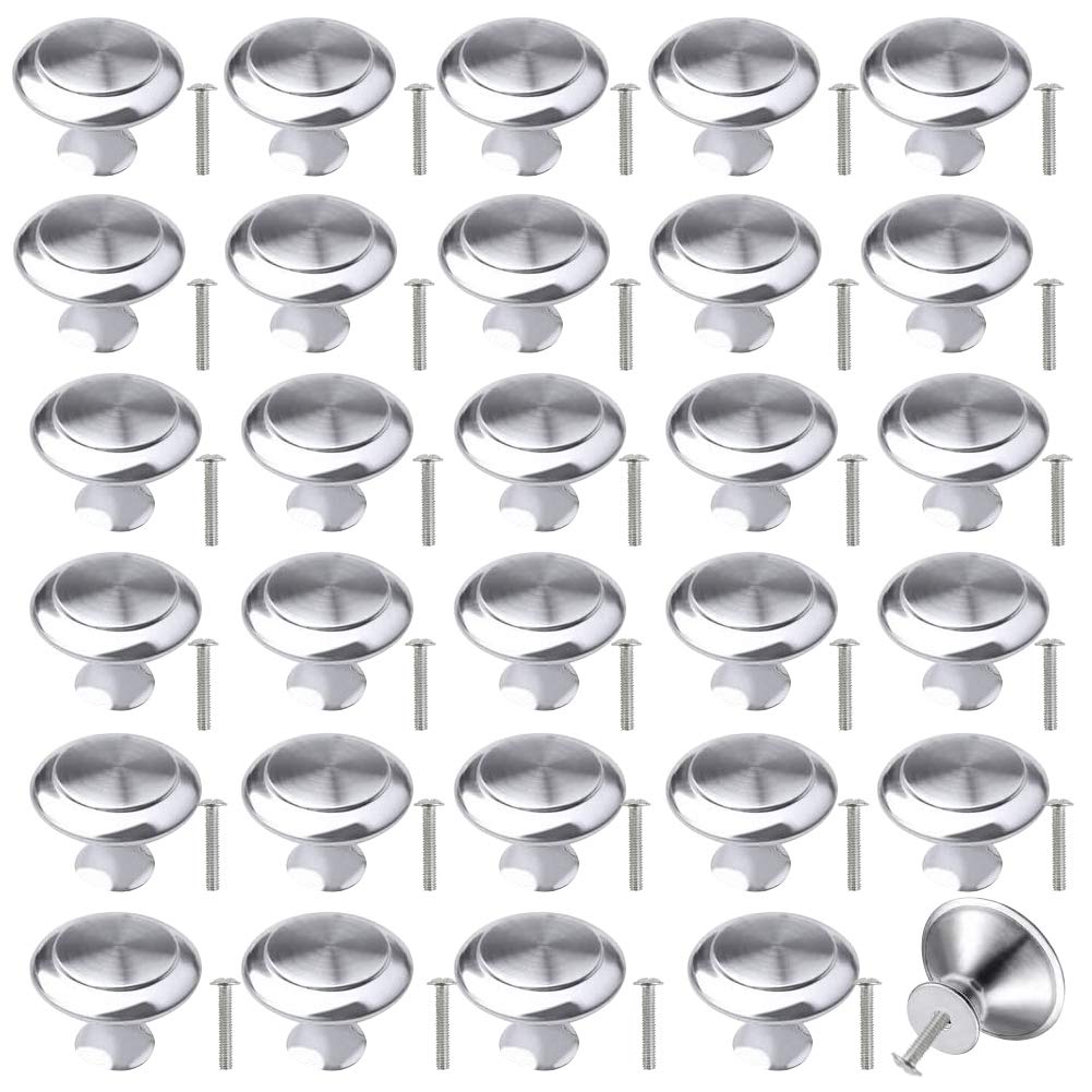30pcs Chrome Mushroom Drawer Knobs & Round Pull Handles - Brushed Steel Cabinet Knobs for Cupboard & Furniture Wardrobes