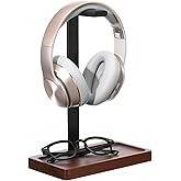 Fiwochic Walnut Wood Headset Holder, Desktop Headphone Stand, Universal Headphone Holder with Storage Base for Gaming, Music Headsets(Dark Brown)
