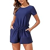 Smismivo Swim Romper with Built in Bra and Pockets Modest One Piece Swimsuit for Women Jumpsuit Short Sleeve Bathing Suit