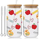 Best Teacher Appreciation Gifts for Women,Friend,Apple Pencil Teacher Gifts for Christmas Birthday,First Day of School Gift Back to School Thank You Teachers Glass Coffee Cup with Lids and Straws-91
