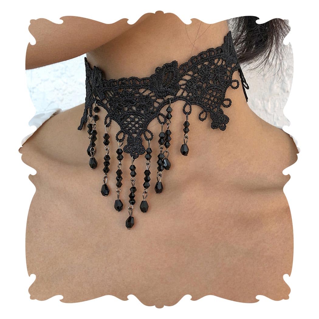 Handcess Black Lace Choker Necklace Rhinestone Tassel Necklaces Gothic Hollow Flower Collar Jewelry Accessories for Women.