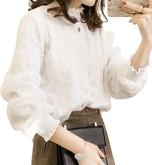 Amazon イノ Yino レース ブラウス シャツ レディース トップス 長袖 裏地付き 大きいサイズ ゴム入り タートルネック 着痩せ 魅力 可愛い 通勤 Ol 普段着 カジュアル フォーマル ロングシーズン シャツ ブラウス 通販