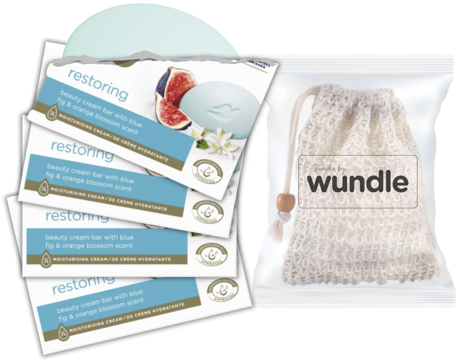 Wundle Bundle Soap Saver Exfoliating Pouch with 4 x Restoring Moisturising Soap Bars (Blue Fig & Orange Blossom)