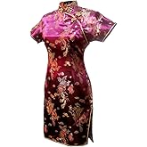 7Fairy Women's VTG Burgundy Dragon Mini Chinese Party Dress Cheongsam