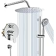 SR SUN RISE 12 Inch Shower System, Slide Bar Shower Faucets Sets Complete Round Shower Heads and 6-Spray Handheld Combo, Wall Mounted Dual Shower Set Included Valve and Trim Kit, Polished Chrome