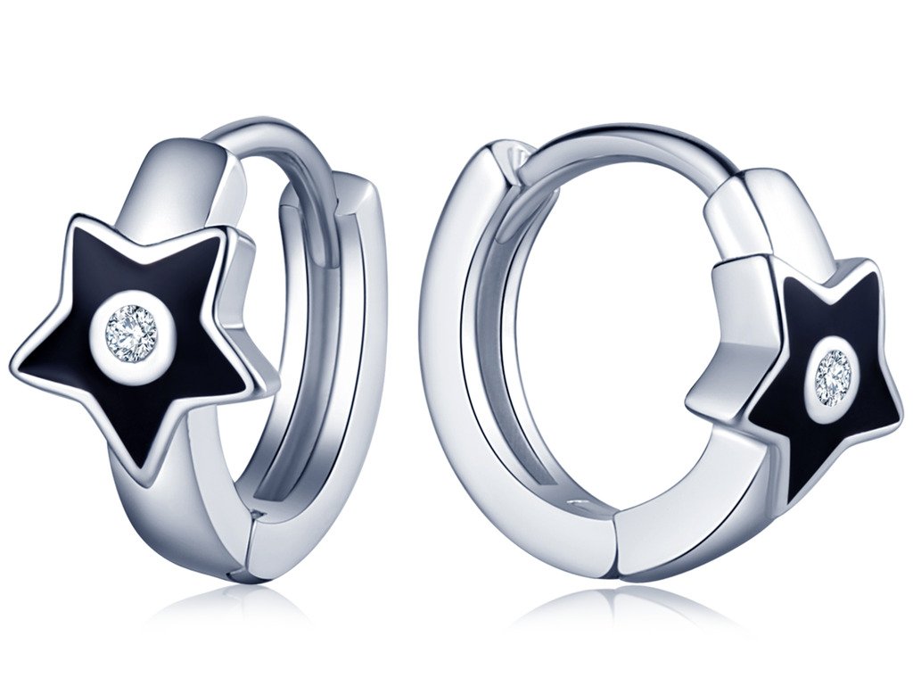 Infinite U Black Star 925 Sterling Silver Epoxy Hoop Earrings Creole for Women/Girls, Silver