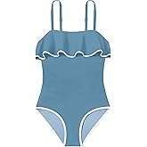TyeSmo Girls Swimsuit Ruffle One Piece Swimsuits Solid Color Bathing Suit for Teens Contrast Trim Swimwear 9-16Y with Padded