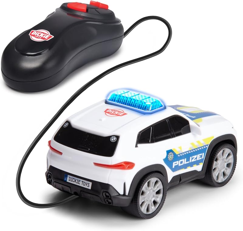 BMW XM Police Racer 1:36 13 cm, Voiture de Police télécommandée pour Enfants à partir de 3 Ans, télécommande par câble, lumière, Virage Avant Droit, Marche arrière, Fonction Try Me